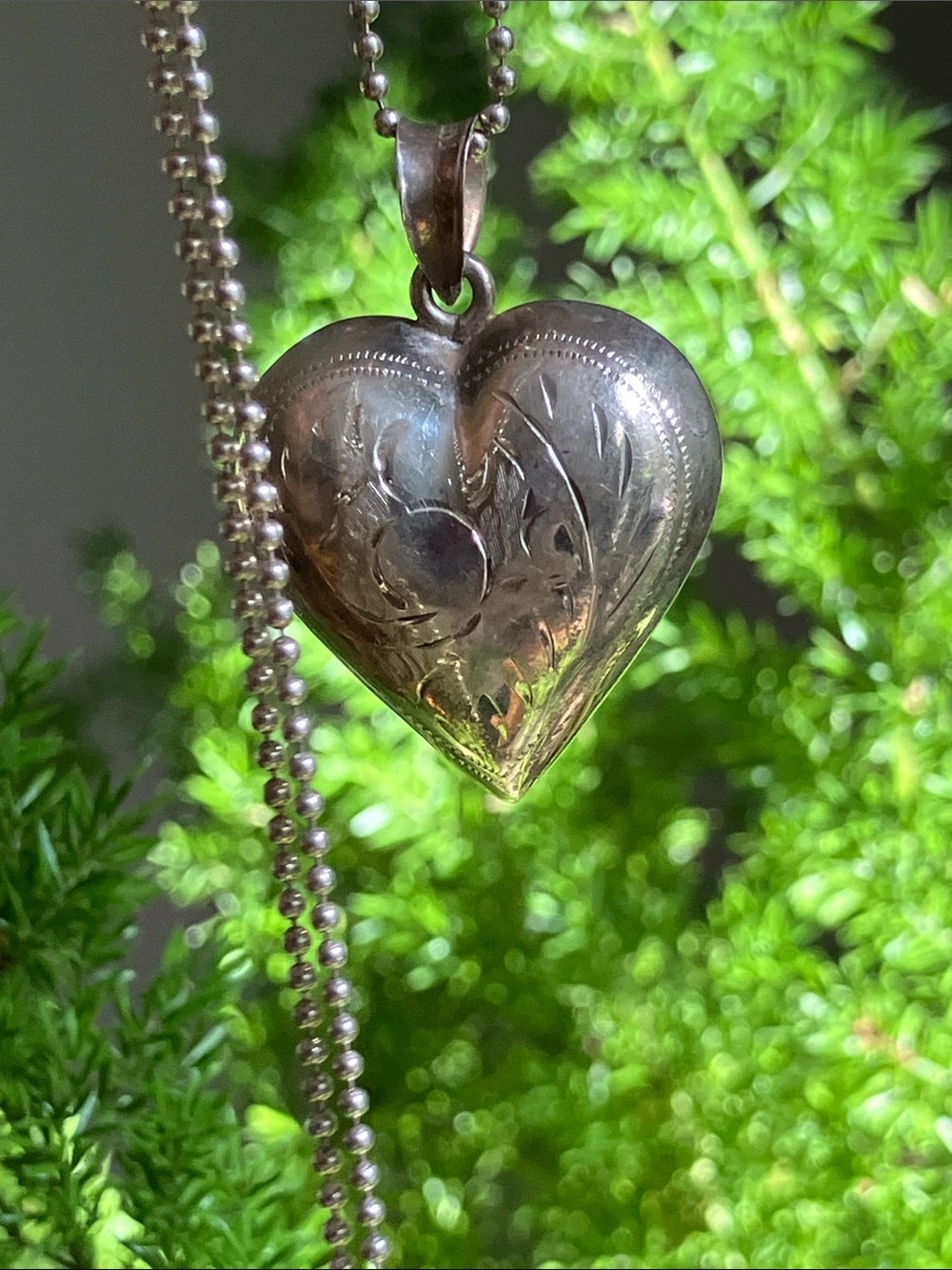 Sterling Silver Puffed Etched Heart Pendant Necklace on 24" Layering Chain